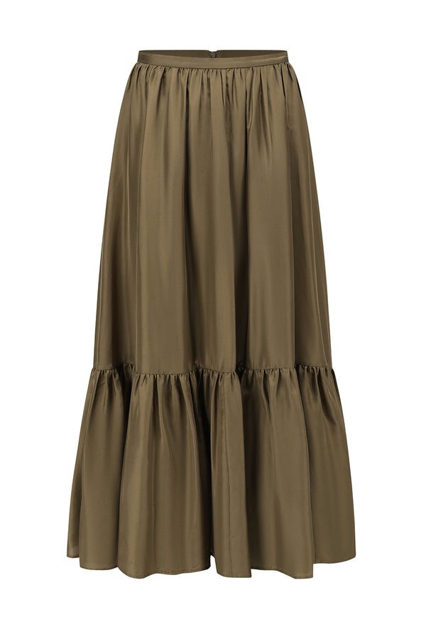 INTO THE EAST 25 Autumn/Winter Moss Green Lace-Up Silk Top/Spliced Layered Silk Skirt ITE-E1DGAW003GR20SK-LV Skirt (E1DGAW002GR20TP)